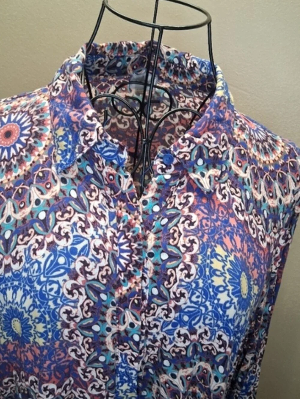 Cupio High Low Paisley Dress Large L Roll-Tab Convertible Sleeve Blue Red Boho - Picture 10 of 11